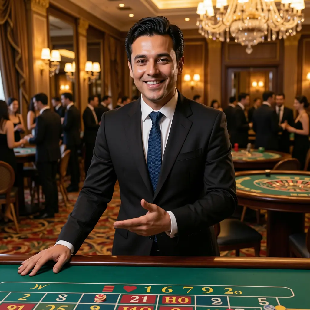 OKTOP – Step into a premium live casino world made for Mexico Professional live casino dealer standing at a roulette table in a luxury studio atmosphere representing the high quality live casino experience at OKTOP for players in Mexico